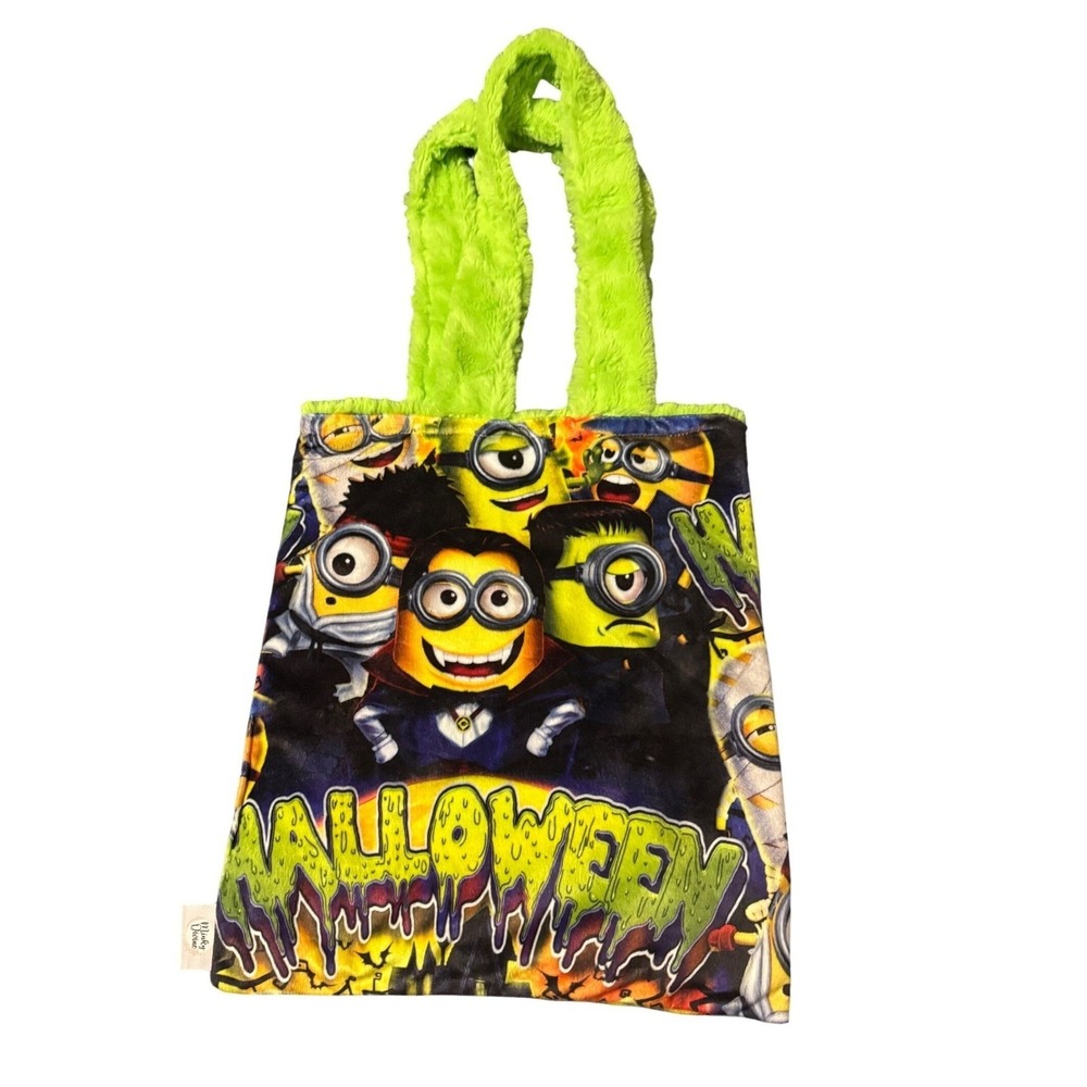Reversible Minions Halloween Plush Tote Bag Fuzzy Lime Green Trick or Treat - Picture 2 of 15